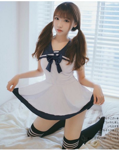                                                                【READY STOCK】Ribbon Navy Style Pajamas Dress+ T-Back