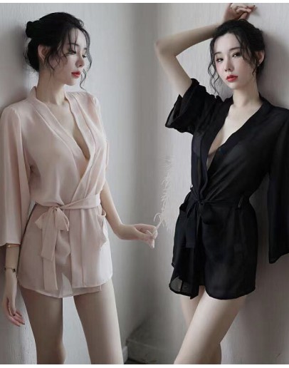                                                                【READY STOCK】Tie-Belt Chiffon Kimono Pajamas