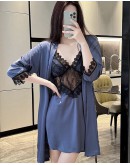                                                          【Preorder】40kg-65kg Black Lace Camisole Silk Pajamas Dress/ Lace Kimono