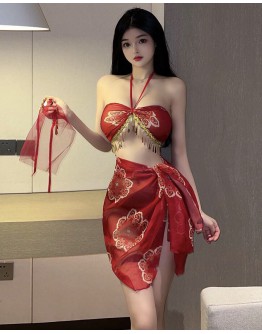                                                          【Preorder】40kg-60kg Red Chiffon Flora Style Sexy Lingeries Set