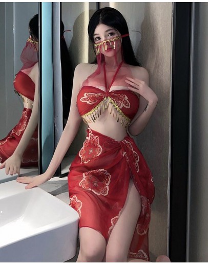                                                          【Preorder】40kg-60kg Red Chiffon Flora Style Sexy Lingeries Set