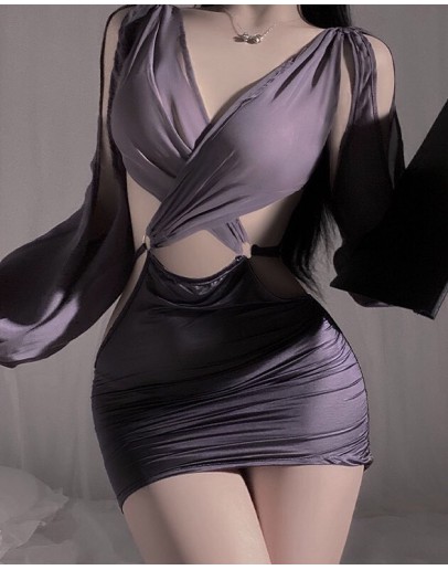                                                          【Preorder】40kg-55kg Grey Long-Sleeved Backless Sex Lingerie