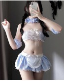                                                                【READY STOCK】40kg-55kg Blue Ribbon Apron Tie-Backless Sexy Lingeries