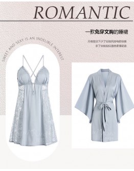                                                                【READY STOCK】50kg-70kg Pads Dusty Blue Lace Pajamas Dress/ Rode Kimono