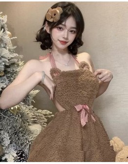                                                                【PREORDER】40kg-60kg Velvet Brown Bear Apron Dress