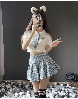                                                          【Preorder】40kg-55kg Blue Checked Necktie Cos Skirt Sexy Lingeries Set