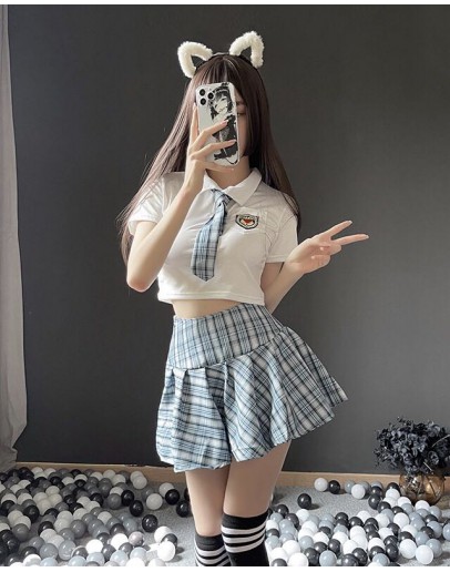                                                          【Preorder】40kg-55kg Blue Checked Necktie Cos Skirt Sexy Lingeries Set