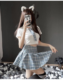                                                          【Preorder】40kg-55kg Blue Checked Necktie Cos Skirt Sexy Lingeries Set