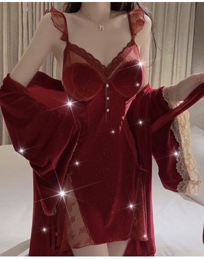                                                          【Preorder】40kg-65kg Red Velvet Bling Bling Silver Dress/ Kimono