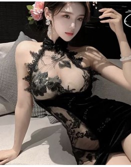                                                          【Preorder】40kg-55kg Grenadine Black Flowers Sexy Lingeries Dress