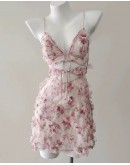                                                          【Preorder】40kg-55kg Pink Flora Patterned Cut-Out Pajamas Dress+ T-Back