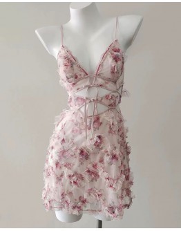                                                          【Preorder】40kg-55kg Pink Flora Patterned Cut-Out Pajamas Dress+ T-Back