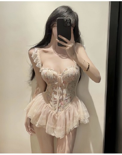                                                          【Preorder】40kg-85kg Flora Embroider Underwire Pads Pajamas Dress