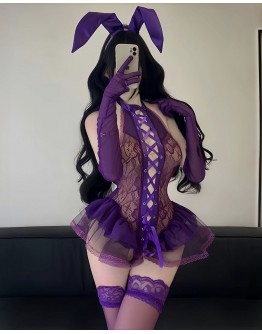                                                          【Preorder】40kg-85kg Purple Rabbit Lace Body-Suit Cos Set