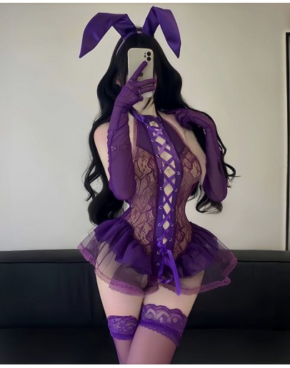                                                          【Preorder】40kg-85kg Purple Rabbit Lace Body-Suit Cos Set