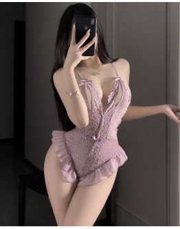                                                          【Preorder】40kg-55kg Ribbon Cut-Out Lace Body-Suit