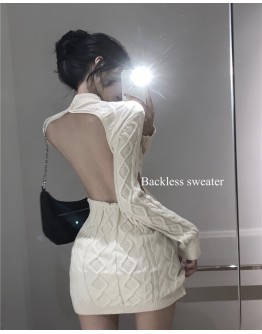 FREE SHIPPING BACKLESS LONG-SLEEVED KNITTED DRESS