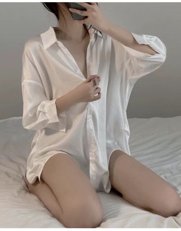               Free Shipping Over-Size Long-Line Silk Shirt