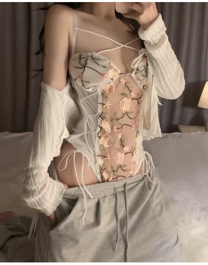      FREE SHIPPING EMBROIDER CUT-OUT BODY SUIT / KNITTED JACKET 