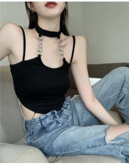         FREE SHIPPING CHAIN HALTER-NECK SHORT TOPS
