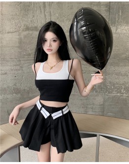          FREE SHIPPING FALSE-TWO VEST / PLEATED SKIRT