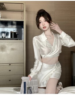        Free Shipping Silk V-Neck Shirt/ Asymmetrical Skirt