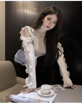             Free Shipping Turtleneck Lace Ruffle Knit Tops