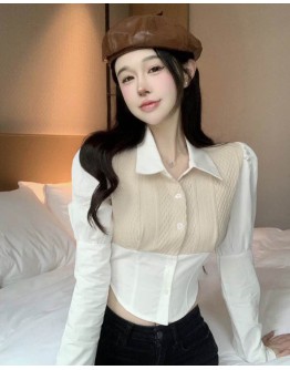              Free Shipping Khaki Knitted Long-Sleeved Shirt