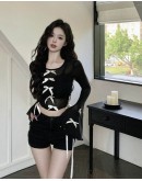              Free Shipping Ribbon Long-Sleeved Short Tops