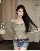              Free Shipping Slivery Silk Zipper Knitted Tops