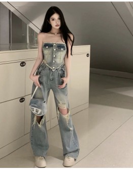              Free Shipping Denim Vest/ Ripper Loose Jeans