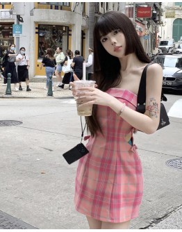              Free Shipping Pinky Checked Cut-Out Ribbon Dress