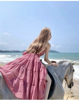              Free Shipping Pinky V-Neck Backless Maxi Dress