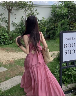              Free Shipping Pinky V-Neck Backless Maxi Dress