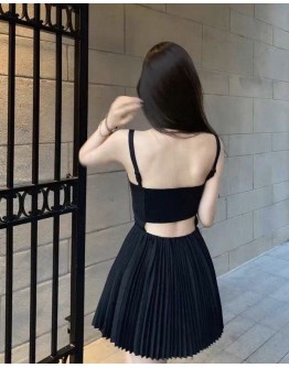              Free Shipping Backless Elastic Camisole Pleated Dress