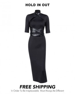              Free Shipping Faux Leather Tie-Belt Fitted Long-Dress