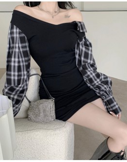          FREE SHIPPING OFF-THE-SHOULDER CHECKED FITTED DRESS