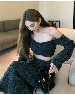 FREE SHIPPING OFF-THE-SHOULDER TOPS / KNITTED LONG-SKIRT