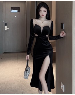          Free Shipping Long-Sleeved Velvet Zipper Dress