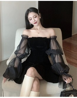          Free Shipping Grenadine Long-Sleeved Velvet Dress