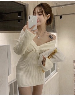 FREE SHIPPING LADIES V-NECK KNITTED PLUS DRESS