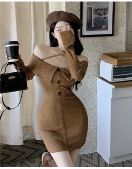      Free Shipping Halter-Neck Knitted Long-Sleeved Dress