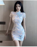          Free Shipping Blue Lace Cheongsam Fitted Dress