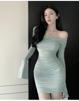          Free Shipping Pleated Fitted Long-Sleeved Dress