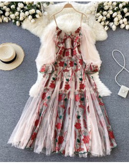   FREE SHIPPING CAMISOLE LONG-SLEEVED EMBROIDER FLORA DRESS 