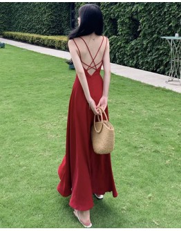   FREE SHIPPING CAMISOLE X BACKLESS POLYESTER LONG DRESS