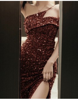         Free Shipping Camisole Sequins Slit Dress
